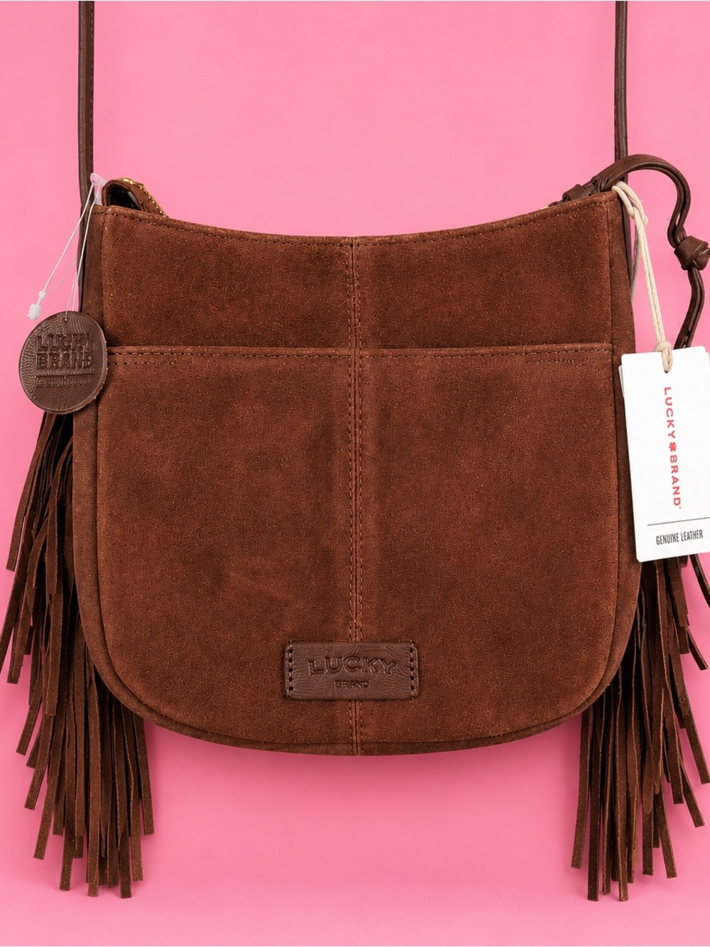 Lucky Brand Brown Suede Fringe Crossbody Saddle Bag